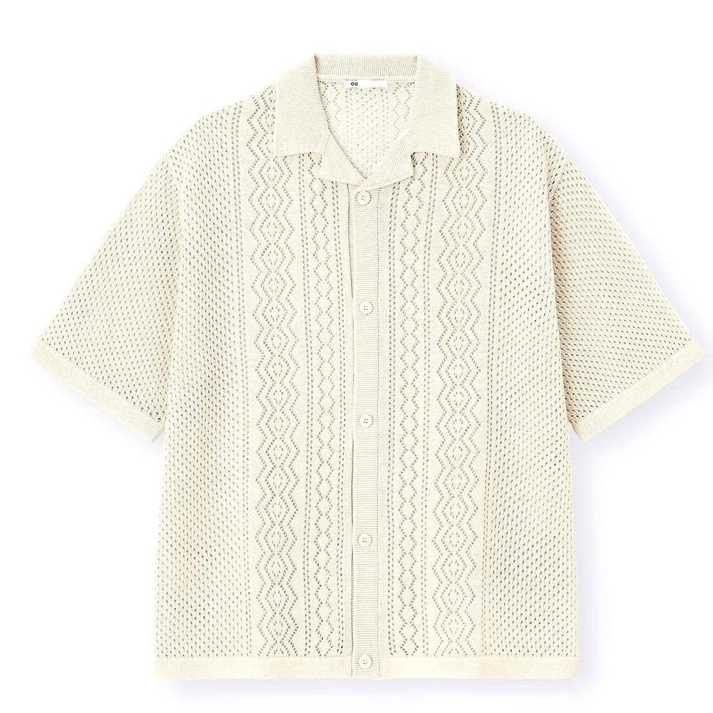 GU Relax Fit Camp Collar Knitted Mesh Button Shirt Men Medium White Short Sleeve